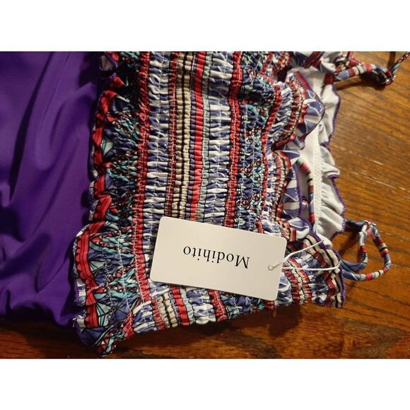 New Medium Modihito Purple Bandeau Ruffled Smocked 1pc Swimsuit Bathing Suit NWT - Picture 7 of 8